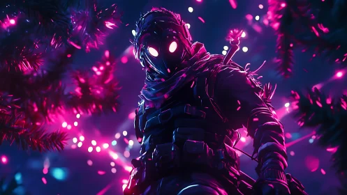 Neon rogue soldier under cyberpunk forest lights.