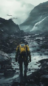 Solitary explorer crossing misted volcanic ravine.