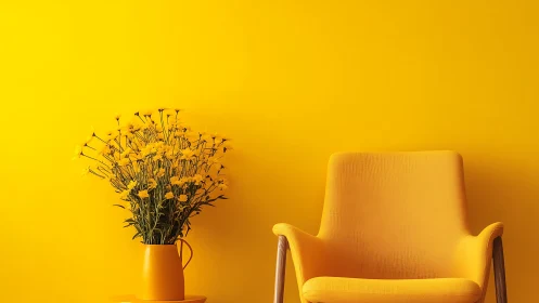 Monochrome yellow interior with armchair and floral still life study