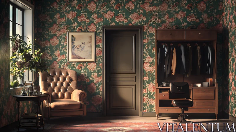 Floral wallpapered study with armchair, door and wardrobe.