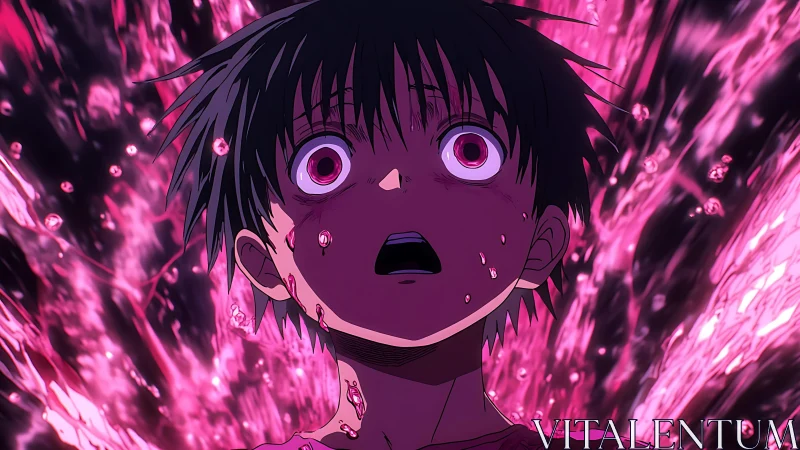 Shocked anime boy drenched in glowing pink energy torrent.