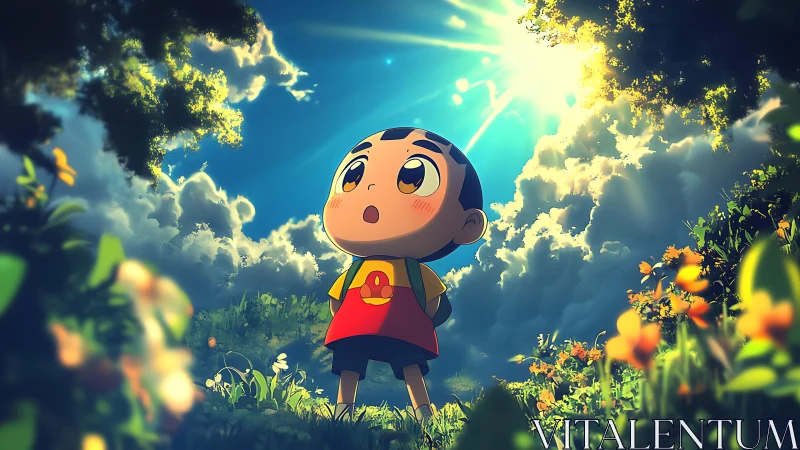 Little explorer gazes at radiant sky in enchanted meadow