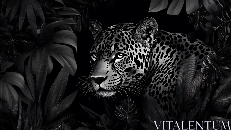 Monochrome jaguar portrait rendered with high contrast foliage shading