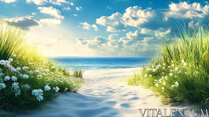 Sunlit coastal dunes with white wildflowers and calm sea.