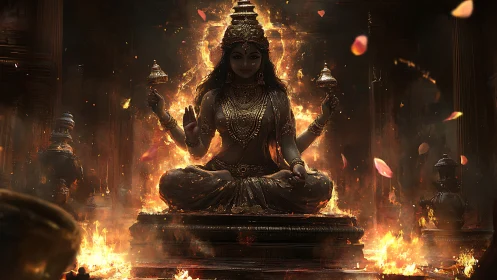 Deity statue in seated pose is surrounded by controlled fire