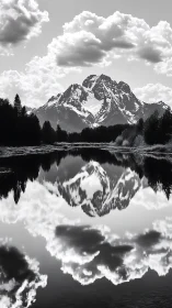 Quiet snowcapped mountain mirrored in a calm still lake.