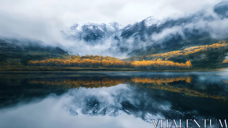 Autumn aspens mirror against misted alpine ridge and lake