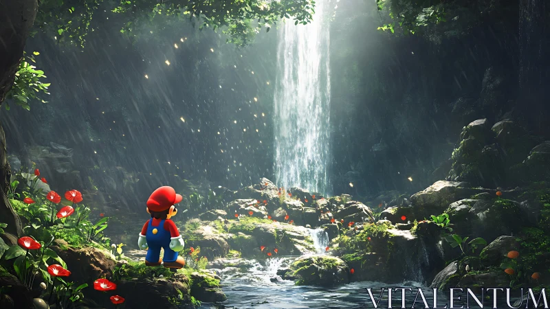 Cartoon adventurer gazes in awe at a sunlit forest waterfall
