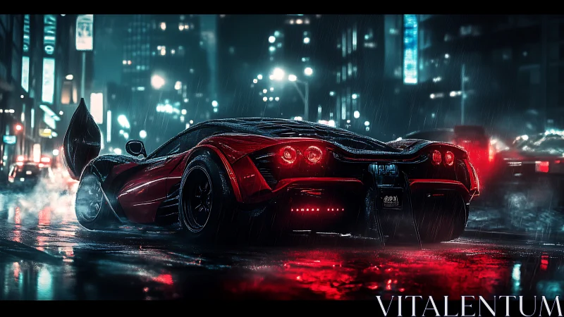 Red sports car in wet neon city street at night scene.