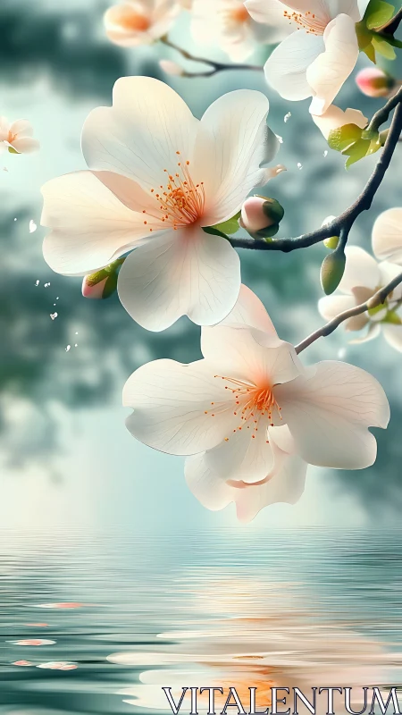 White blossoms hang over reflective water surface calmly
