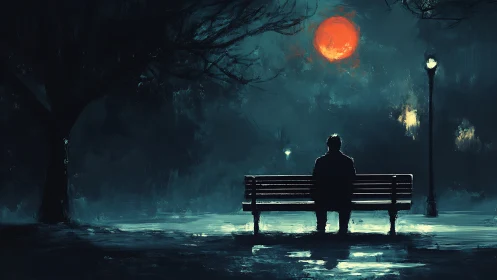 Solitary figure on park bench under eerie red moon.