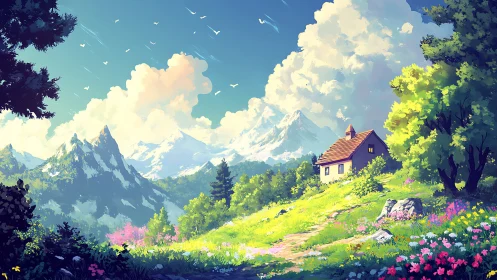 Mountain meadow cottage under luminous spring sky.