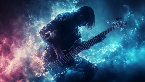 Electric bassist in neon firestorm of blue and magenta light.
