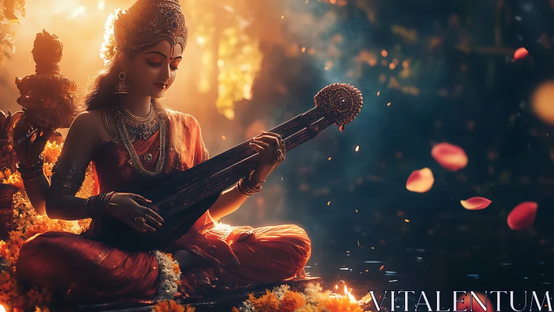 Goddess musician in golden light plays veena by tranquil water.