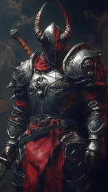 Horned armored warrior stands in worn plate with red accents