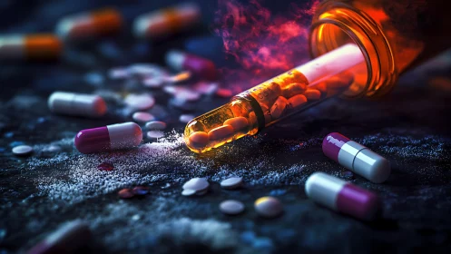 Spilled capsule bottle releases assorted pills on dark surface
