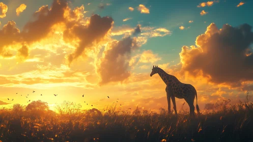 Solitary giraffe contemplates a blazing savanna sunset sky