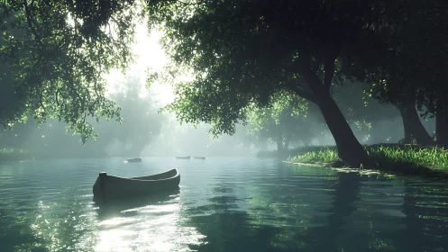 Sunlit river canoe drifts beneath dense emerald canopy.