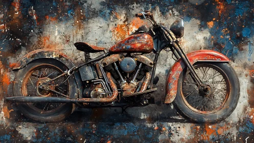 Rustic red motorcycle against abstract splatter wall.
