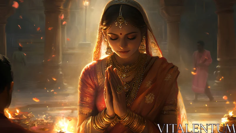 Indian woman in traditional attire praying at temple, warm lighting.