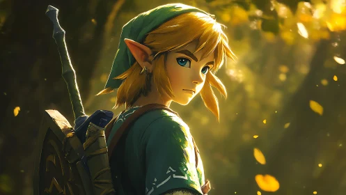 Elf-like character stands in forest with sword and shield