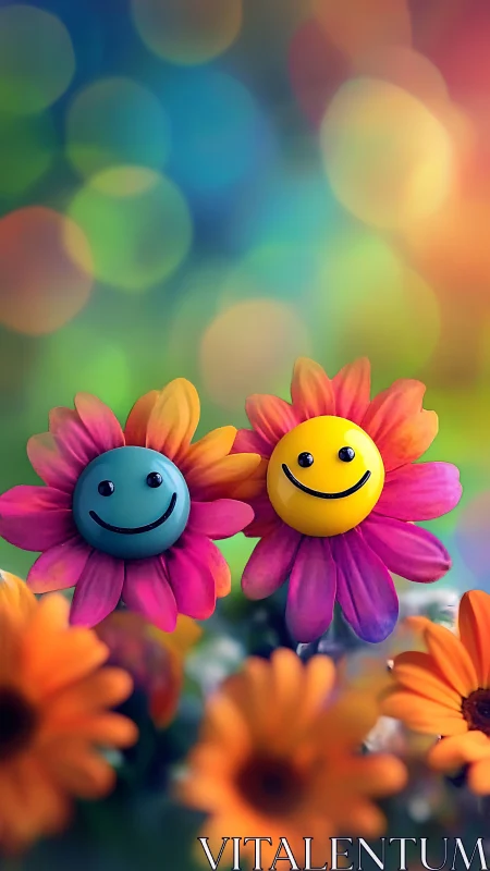 Two smiling flower faces with colorful petals in soft focus garden