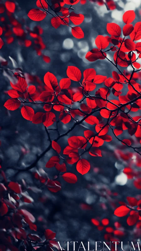 Red leaves extend across a vertically framed dark background