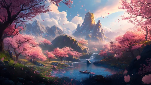 Mountain valley lake with cherry blossoms and boat scene.