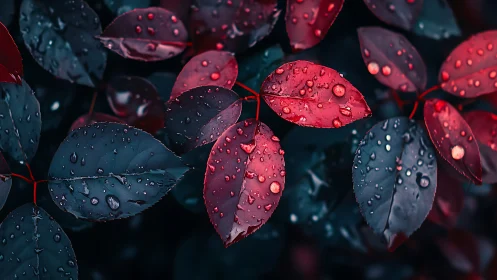 Macro study of rain-soaked bicolor foliage under low-key light.