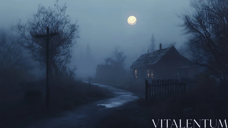 Deserted moonlit cabin road under dense blue fog.