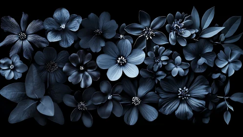 Blue botanical collection against dark background display