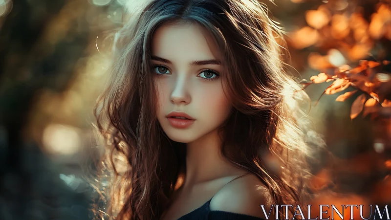 Digital portrait girl with teal eyes in autumn light.