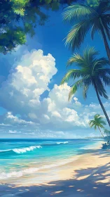 Tropical Beach Paradise with Palm Trees and Cloud-Filled Sky
