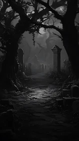 Moonlit graveyard path beneath brooding, twisted trees.
