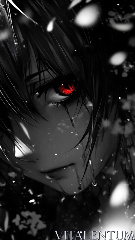 Monochrome close-up of tear-streaked anime face with red eye.