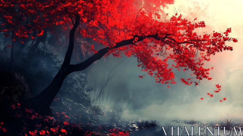 Scarlet maple over misted river rendered in atmospheric digital art