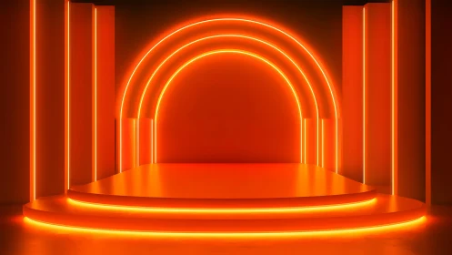 Neon orange geometric stage shows curved arches and platform