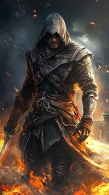 Hooded rogue warrior in layered leather armor amid flames