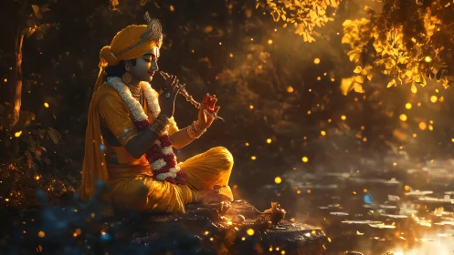 Divine flute player in golden-hour forest by riverbank.