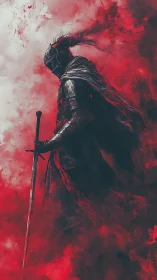 Bloodlit armored knight in swirling red smoke.