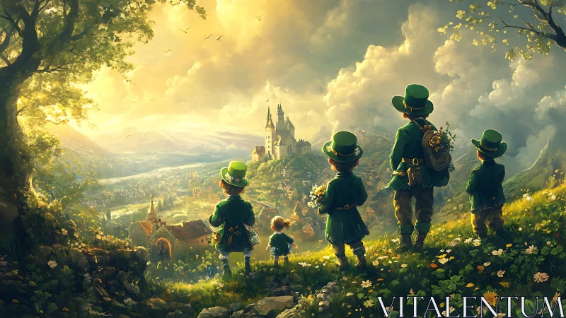 Leprechaun family crossing sunlit hills toward fairytale castle.