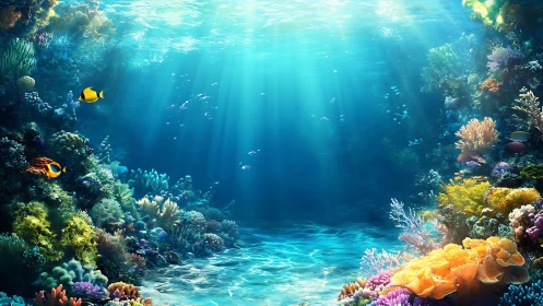 Sunlit coral reef haven with playful tropical fish.