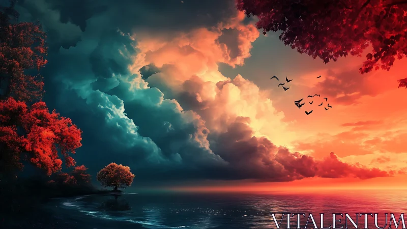 Dramatic storm clouds divide teal sky and red sunset