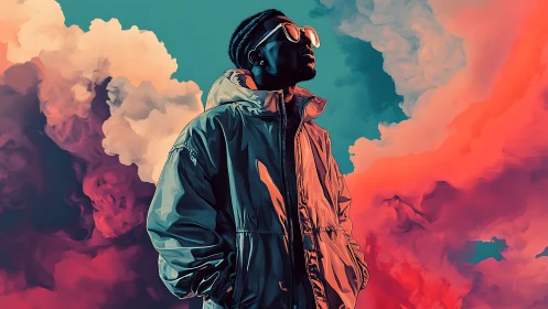 Chromatic portrait in teal sky with magenta vapor clouds