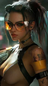 Cybernetic woman in reflective glasses with tactical gear.