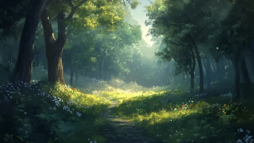 Forest Path Through Ancient Trees at Sunrise