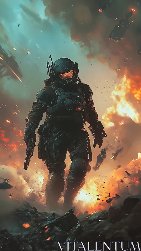 Armored space soldier strides through a storm of fire.