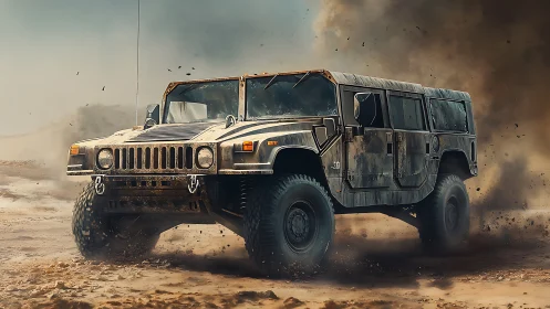 Military-style off-road truck kicks up dust in desert
