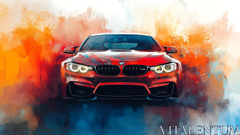 Red sports sedan amid abstract warm cool paint field.