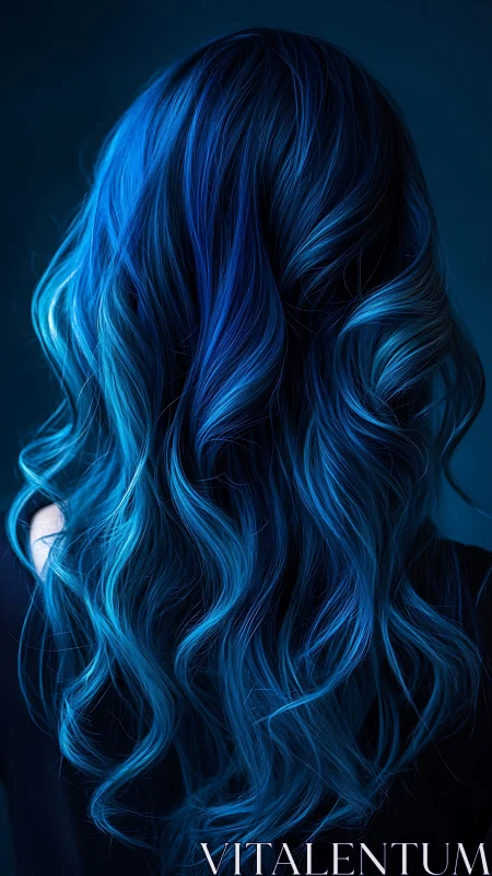 Curled blue hair from behind in dark monochrome lighting.